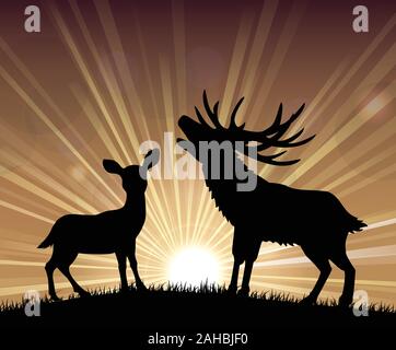 Silhouettes de deer le comité permanent dans le crépuscule lumineux. vector Illustration de Vecteur