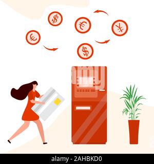 Vector illustration Femme avec carte bancaire près de ATM. Retrait d'argent liquide, service de change au guichet automatique. Transactions financières à l'aide d'un guichet automatique. E Illustration de Vecteur