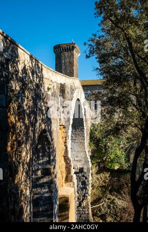 VULCI, ITALIE - Le 26 décembre 2019 : le pont Badia et le château médiéval, datant du 13ème siècle, une ancienne ville étrusque dans le territoire de Banque D'Images