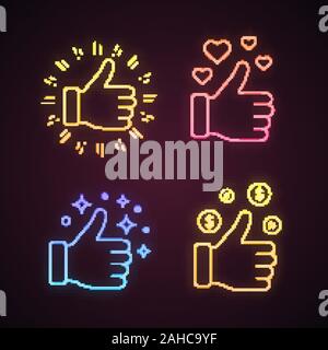 Comme neon light icons set. Thumbs up, le succès financier. Bon, Bon, ok les gestes de la main. Vote des médias sociaux. 0, le classement. Les panneaux lumineux. Iso vecteur Illustration de Vecteur