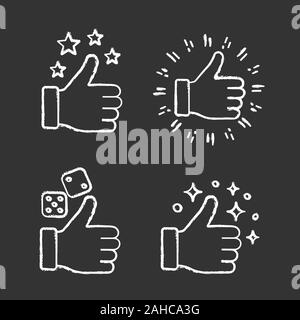 Comme la craie icons set. Jeux de hasard, Thumbs up, succès. Les médias sociaux aime. Bon, cool, ok les gestes de la main. 0, le classement. Chalkboar vectorielles Illustration de Vecteur