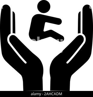 La garde de l'icône de glyphe. Symbole de Silhouette. Les droits de l'enfant. Journée de protection de l'enfant. Mains tenant kid. Garde d'enfants. L'adoption. Orphelinat. La coparentalité. Illustration de Vecteur