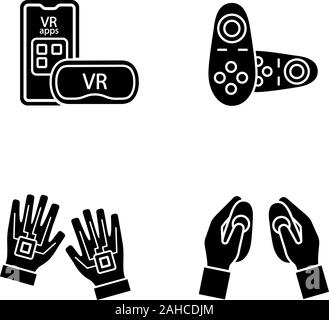 Dispositifs de réalité virtuelle glyphe icons set. Symboles de Silhouette. Casque sans fil VR Smartphone, contrôleurs, gants haptiques. Vector illustration isolé Illustration de Vecteur