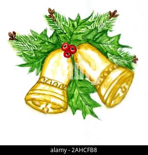 Golden Jingle bells avec evergreen branch, dessinés à la main, design de Noël. Banque D'Images