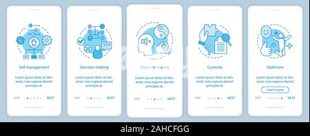 Les compétences de base des RH L'écran page d'application mobile référencement modèle vectoriel. Qualités professionnelles. La prise de décisions, la curiosité, l'optimisme walkthrough website Illustration de Vecteur