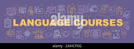 Cours d'apprentissage des langues étrangères concepts mot bannière. Langue, classes, l'école, leçons. Lettrage typographie idée isolée avec icônes linéaire. Vect Illustration de Vecteur