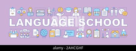 Cours de langue pour enfants concepts mot bannière. Présentation. Lettrage typographie idée isolée avec icônes linéaire. Cours de langues étrangères. Vector o Illustration de Vecteur