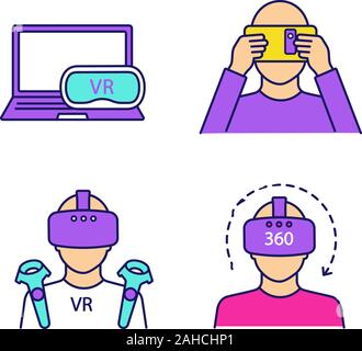 Les icônes de couleur définie. VR carton, joueurs, ordinateur, casque vidéo 360 degrés. Illustrations vectorielles Illustration de Vecteur