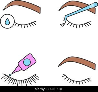 Extension de cils color icons set. Colle Faux Cils extension de cils pour l'apprêt, cluster, fermé, woman's eye. Illustrations vectorielles Illustration de Vecteur