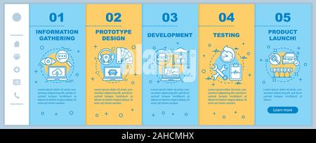 Nouveau lancement de produit l'écran page d'application mobile modèle de scénario. Le développement de prototypes. Les étapes du processus de fabrication avec site web walkthrough illustra linéaire Illustration de Vecteur