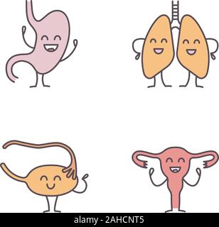 Les organes internes sourire couleur caractères icons set. Professionnels de l'estomac, poumons, ovaires, utérus, trompes de Fallope. Respiratoire, digestif sain, femme Illustration de Vecteur