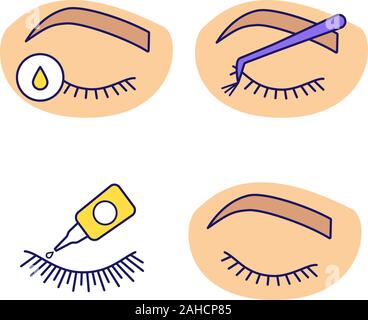 Extension de cils color icons set. Colle Faux Cils extension de cils pour l'apprêt, cluster, fermé, woman's eye. Illustrations vectorielles Illustration de Vecteur