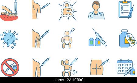 La vaccination et l'immunisation color icons set. Des vaccins pour enfants, adultes. Le tétanos, la grippe, l'hépatite, la prévention des maladies la rougeole. Bactérienne et virale inf Illustration de Vecteur