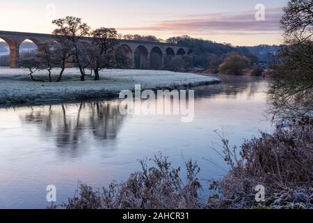 La première lumière du jour produit des tons pastel dans le paysage sur la rive de la rivière Wharfe par Arthington Viaduc de frosty un matin d'automne. Banque D'Images