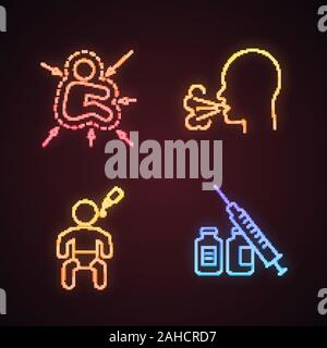 La vaccination et l'immunisation neon light icons set. Les panneaux lumineux. Système immunitaire de l'enfant, la toux, le vaccin oral, la seringue et le flacon. Vector illu isolés Illustration de Vecteur