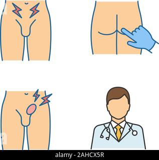 Santé de l'ensemble des icônes de couleur. Le diagnostic du cancer de la prostate, toucher rectal, hernie inguinale, urologue. La douleur de l'aine et le bombement, médecin, homme inferti Illustration de Vecteur