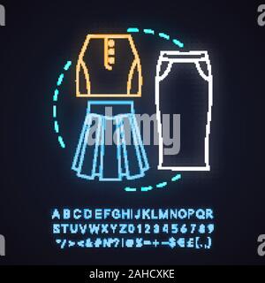 Jupes neon light concept icône. Les vêtements pour femmes. Magasin de vêtements de idée. Signe rougeoyant avec alphabet, chiffres et symboles. Vector illustration isolé Illustration de Vecteur