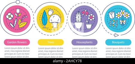 Infographie vecteur plantes modèle. Présentation d'éléments de conception. Jardin de fleurs, arbres, plantes, bouquets. Étapes et visualisation de données Illustration de Vecteur