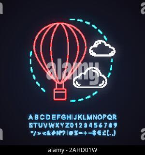 Air transport neon light concept icône. Ballon à air chaud et de la colombe. Flying idée. Signe rougeoyant avec alphabet, chiffres et symboles. Vector isolated illustr Illustration de Vecteur