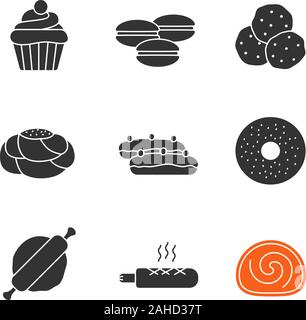 Glyphe de boulangerie icons set. Cupcake, macarons, chocolat, pain, pâtisserie, eclair, bagel, rouleau à pâtisserie, hot-dog, swiss roll. Symboles de Silhouette. Illustration de Vecteur