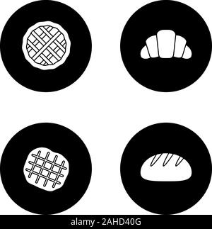 Glyphe de boulangerie icons set. Tarte aux pommes, croissants, gaufres belges, miche. Vector silhouettes blanc illustrations de cercles noirs Illustration de Vecteur