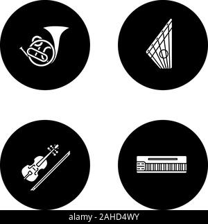 Glyphe icons set instruments de musique. Cor Français, gusli, violon, Mellotron. Vector silhouettes blanc illustrations de cercles noirs Illustration de Vecteur