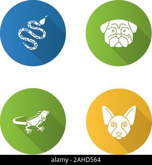 Animaux domestiques modèle plat long shadow glyphe icons set. Python, pug, iguane, Sphynx canadien. Silhouette Vector illustration Illustration de Vecteur