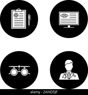 Ophtalmologie glyphe icons set. Rapport médical, diagnostic de l'ordinateur, lunettes, examen de médecin. Vector silhouettes blanc illustrations de cercles noirs Illustration de Vecteur