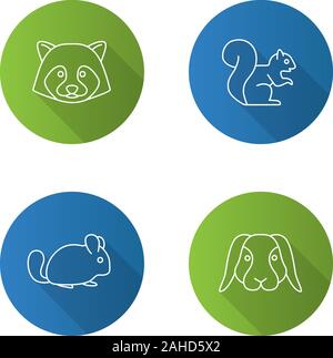 Télévision animaux long shadow linéaire icons set. Le raton laveur, l'écureuil, le chinchilla, lapin. Contour Vector illustration Illustration de Vecteur