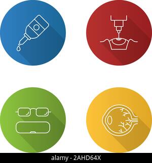 Ophtalmologie télévision long shadow linéaire icons set. Gouttes pour les yeux, la chirurgie au laser, lunettes de cas, mal de l'œil. Contour Vector illustration Illustration de Vecteur
