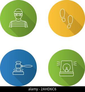 Télévision Police long shadow linéaire icons set. Brigand, footprints, gavel, alarme. Contour Vector illustration Illustration de Vecteur