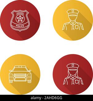 Télévision Police long shadow linéaire icons set. Policier et de l'agente de police, voiture, d'un insigne. Contour Vector illustration Illustration de Vecteur