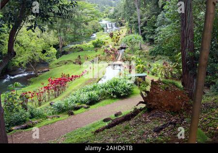 Le sentier en boucle Koa Wai, sur l'île de Kauai, Hawaii dispose de beaux paysages et le barrage en pierre historique. Banque D'Images