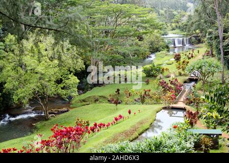 Le sentier en boucle Koa Wai, sur l'île de Kauai, Hawaii dispose de beaux paysages et le barrage en pierre historique. Banque D'Images