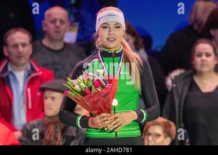 Heerenveen, aux Pays-Bas. 28 Dec, 2019. HEERENVEEN, Patinoire Thialf, 28-12-2019, la saison 2019/2020, le néerlandais par distances individuelles des Championnats. 500m femmes Jutta Leerdam pendant le match NK par distances individuelles 28 décembre Crédit : Pro Shots/Alamy Live News Banque D'Images