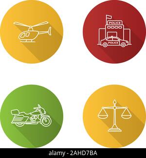 Télévision Police long shadow linéaire icons set. Hélicoptère, moto, balances de la justice, de la police. Contour Vector illustration Illustration de Vecteur