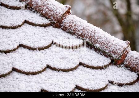 Modèle d'un gros plan d'un toit à tuiles plane recouverte d'une fine couche de neige. Vu en Allemagne en décembre Banque D'Images