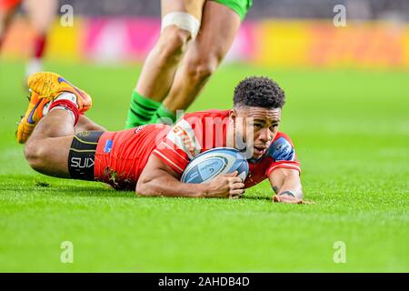 Londres, Royaume-Uni. 28 Dec, 2019. Tatafu Polota-Nau de Leicester Tigers marque un essai au cours de Gallagher Premiership match de rugby entre Harlequins vs Leicester Tigers au stade de Twickenham sur Dec 2019 visiter notre stand. Londres Angleterre . (Usage éditorial uniquement, licence requise pour un usage commercial. Aucune utilisation de pari, de jeux ou d'un seul club/ligue/dvd publications.) Crédit : Taka G Wu/Alamy Live News Banque D'Images