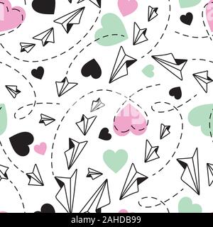 Valentines Flying Paper Planes et coeurs motif transparent sur fond blanc Illustration de Vecteur