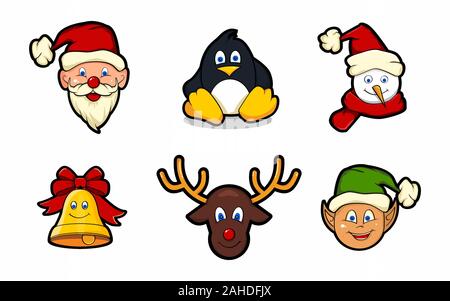 Illustration de personnages de Noël mignons, Père Noël, pingouin, bonhomme de neige, cloche,Renne, Elf Banque D'Images