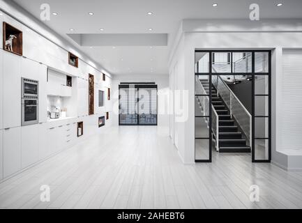 Cuisine moderne blanc de luxe, l'intérieur de rendu 3D Banque D'Images