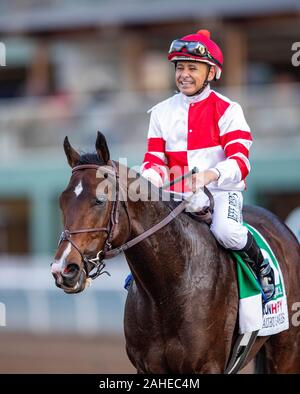 Arcadia, Californie, USA. 28 Dec, 2019. 28 DÉC : Omaha Beach avec Mike Smith remporte le Malibu Stakes à Santa Anita Park à Arcadia, Californie le 28 décembre 2019. Evers/Eclipse Sportswire/CSM/Alamy Live News Banque D'Images