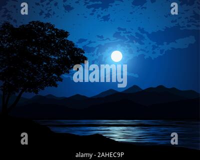 Ciel nuageux ciel nocturne au lac avec moonlight Illustration de Vecteur