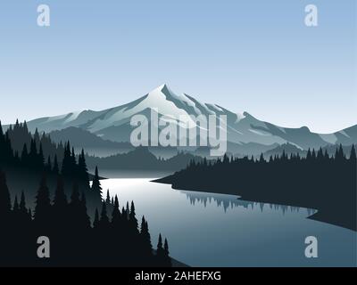 Paysage de montagne avec fleuve et sapin Illustration de Vecteur