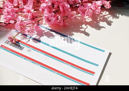 Arbre branches en fleurs de Sakura sur les billets d'avion pour le Japon Banque D'Images