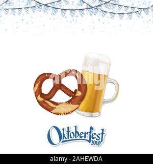 Oktoberfest 2019 Arrière-plan avec un bretzel et un verre de bière Illustration de Vecteur