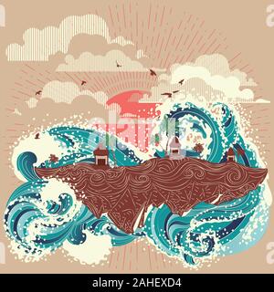 Style Vintage poster avec de grosses vagues et île tropicale avec des maisons et des palmiers. Illustration de Vecteur