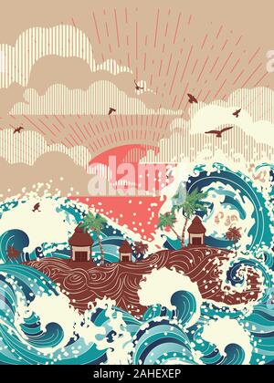 Style Vintage poster avec de grosses vagues et île tropicale avec des maisons et des palmiers. Illustration de Vecteur