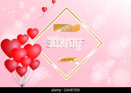 Concept de la Saint-Valentin. Vector illustration. Coeur rouge avec ballon publicité vente. Cute love vente banner ou d'une carte de vœux Illustration de Vecteur