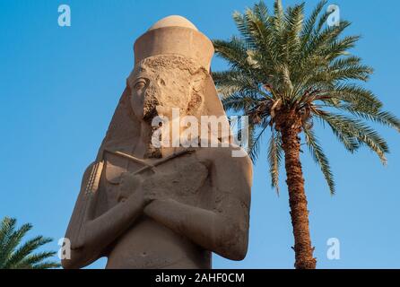 Statue de Ramsès II au Temple de Karnak à Louxor Egypte avec palmier Banque D'Images